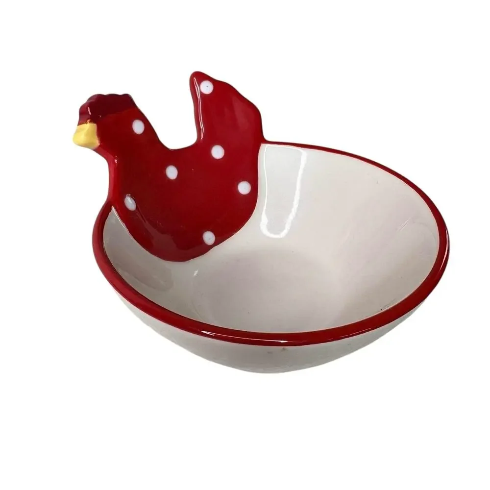 Sur La Table Red White Chicken Shaped Bowls Set of 2 Rooster Polka Dot Farmhouse